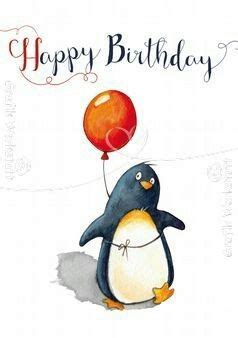 A Happy Birthday Card With A Penguin Holding A Balloon