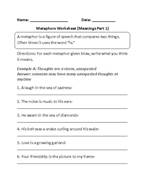 Metaphors Worksheets | Comparing and Meanings Metaphor Worksheet - Worksheets Library