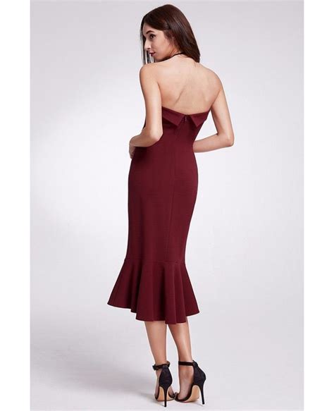 Strapless Burgundy Bodycon Tea Length Casual Dress Ep Bd