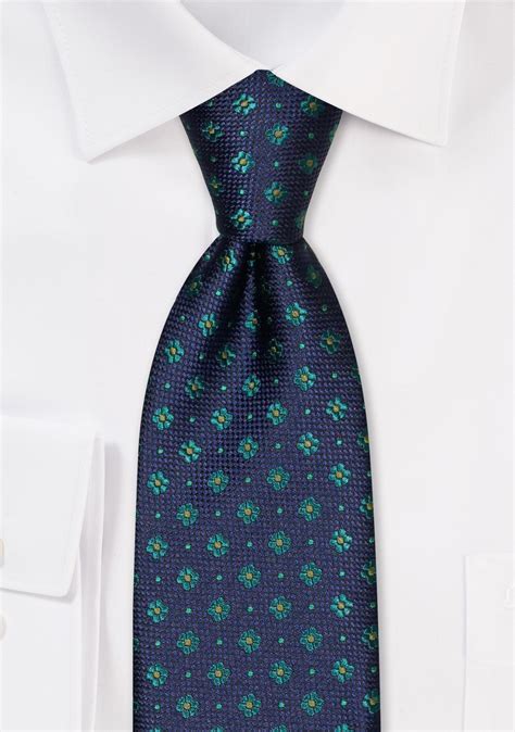 Floral Weave Xl Ties Mens Extra Long Tie In Navy With Hunter Green