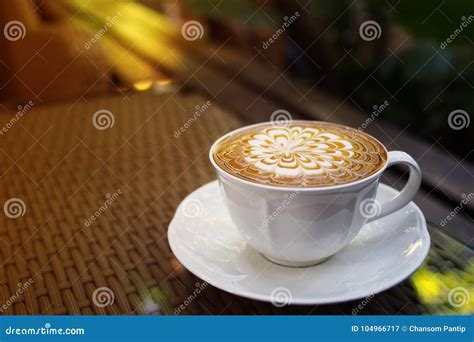 Hot Coffee Caramel Macchiato Cappuccino Cup On Garden Woven Cof Stock