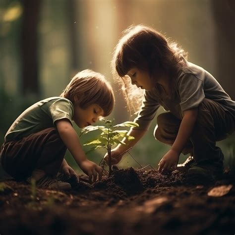 Niños plantando árboles en el bosque Foto Premium