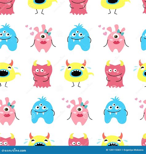 Seamless Pattern With Cartoon Monsters Stock Illustration