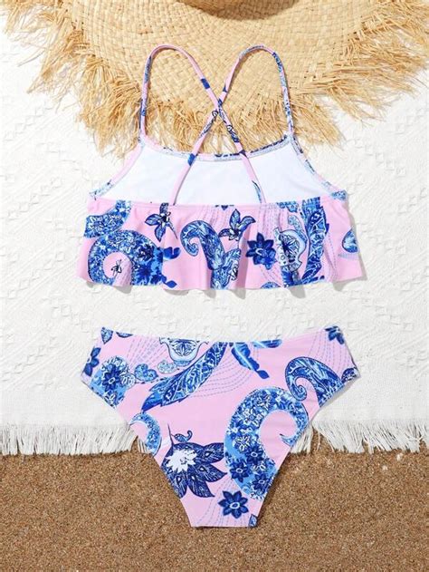 Tween Girl Floral Paisley Print Ruffle Hem Bikini Swimsuit Shein Usa