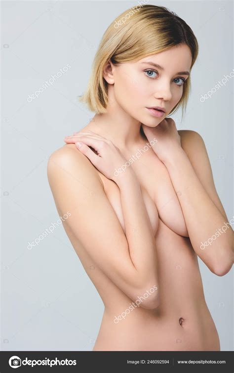 Attractive Blonde Naked Woman Posing Isolated Grey Stock Photo