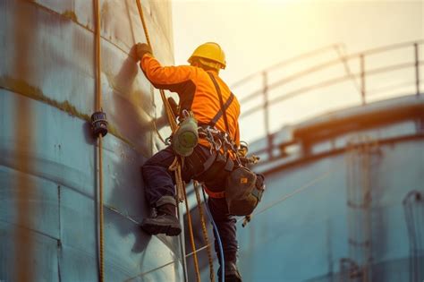 Male Worker Rope Access Industrial Working At Height Tank Oil Wearing