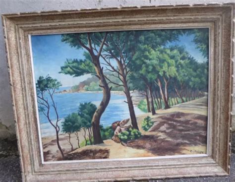 Grand Tableau Ancien Peinture Huile Sur Toile Paysage De Bord De Mer