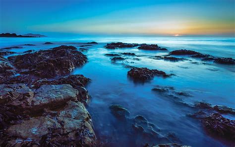 Ocean Rocks Stones Sunset Blue Hd Hd