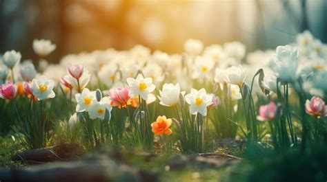 Premium AI Image | A field of white and pink daffodils with one of them in the background.