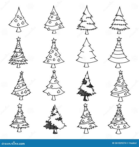 Christmas Tree Doodle Vector Icon Set Drawing Sketch Illustration Hand