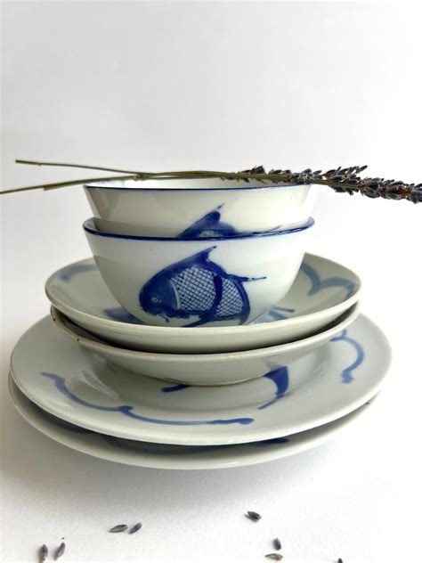 6 Piece Chinese Koi Fish Dish Set Etsy