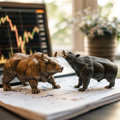 Bull And Bear Figurines On A Desk With Stock Market Charts Bright Light