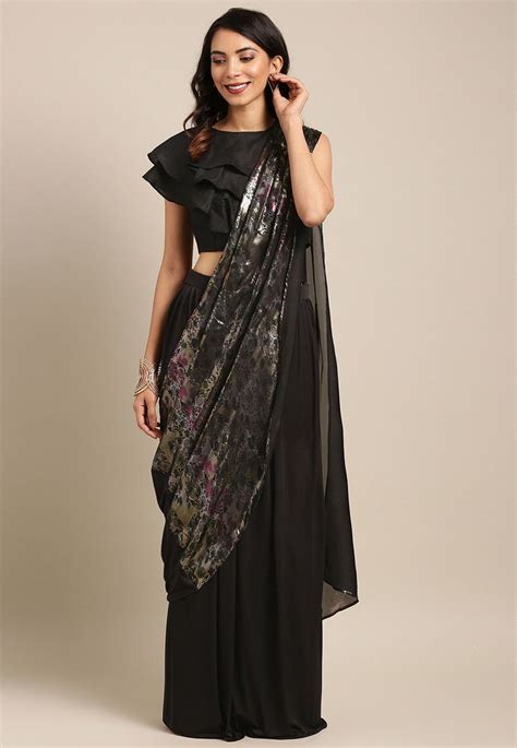 Pre Stitched Lycra Saree In Black Womens Trendy Dresses Stylish