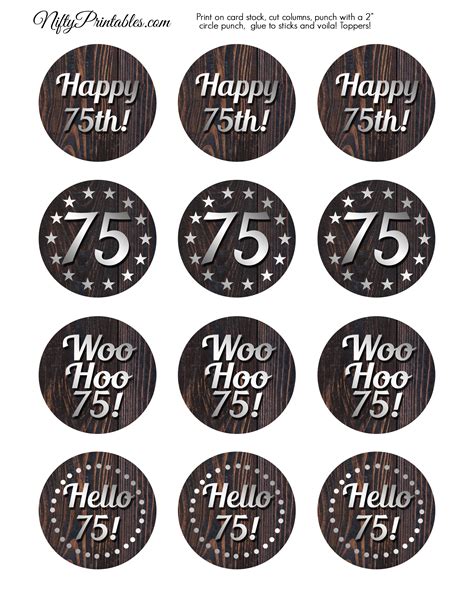 75th Birthday Cupcake Toppers - Rustic Wood - Nifty Printables