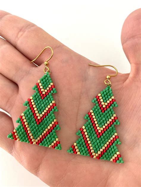 Christmas Tree Beaded Earrings Chevron Seed Bead Tree Etsy Canada In