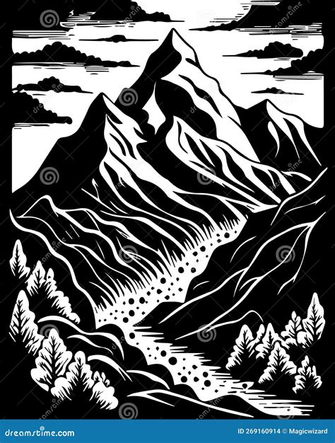 Beautiful Linocut Art Or Colouring Page Of A Mountain Pass Stock