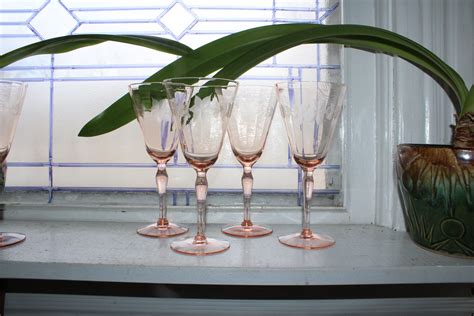 4 Pink Depression Etched Glass Wine Goblets 1930s Art Deco