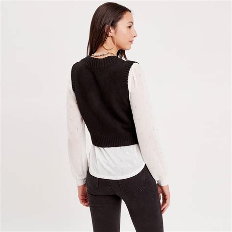 Pull Sans Manches Col En V Noir Femme Vibs