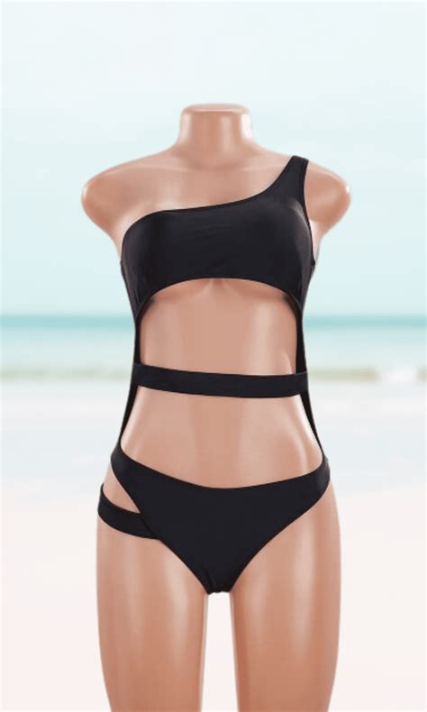 Meloria Swim And Fashion Summer Black Color Padded One Shoulder Hollow Sexy Hot One Piece