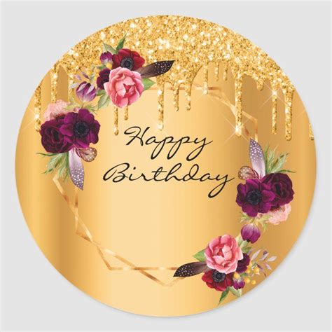 Happy Birthday Gold Florals Glitter Drips Classic Round Sticker