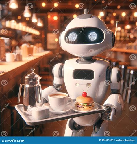 Cute Robot Waiter, in Restaurant , 8k , Realistic. Stock Illustration ...