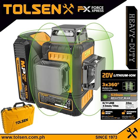 Tolsen LI ION Cordless Laser Level Green Light W Hard Case AllinOne