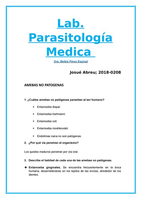 Amebas No Patogenas Lab Parasitología Medica Dra Belkis Pérez