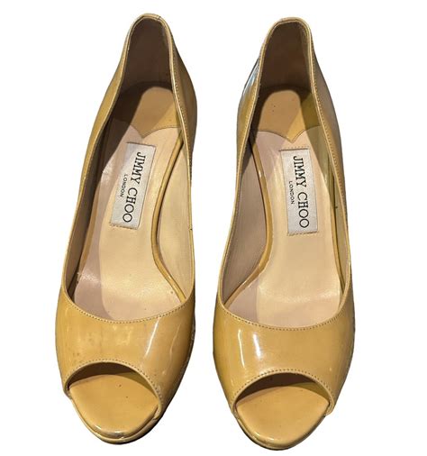 JIMMY CHOO Crown Nude Tan Patent Leather Shoes Size E Gem