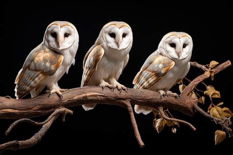 Premium AI Image | Image of group of barn owl on a branch on a black background Birds Animals ...