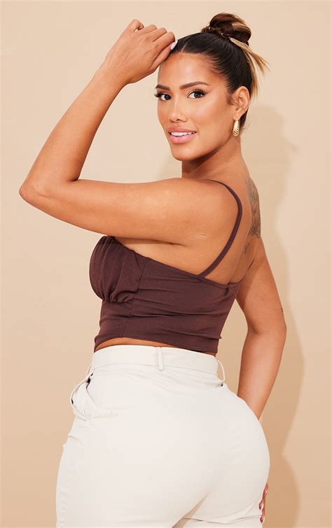 Shape Chocolate Rib Ruched Bust Cut Out Crop Top Prettylittlething Usa