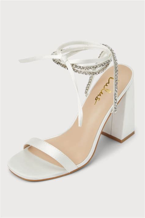 White Satin Heels Rhinestone Heels Lace Up High Heel Sandals Lulus