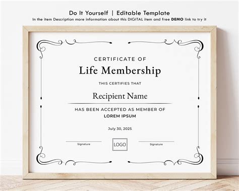 Life Membership Certificate Template Editable Printable Etsy New Zealand