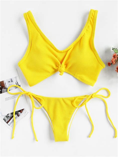 Knot Front Top With Self Tie Side Bikini Set SHEIN Bikinis Side