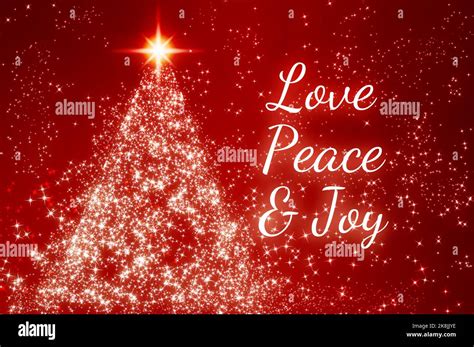 Love Peace And Joy Text On Red Background With Shining Star Like Pine