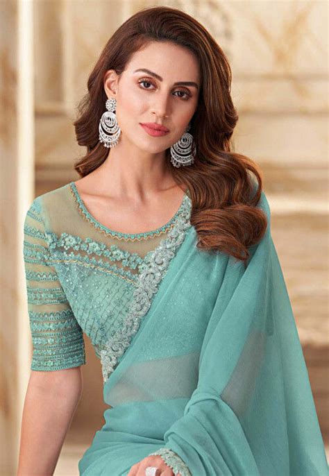 Buy Embellished Border Georgette Saree In Sky Blue Online SKGA1446