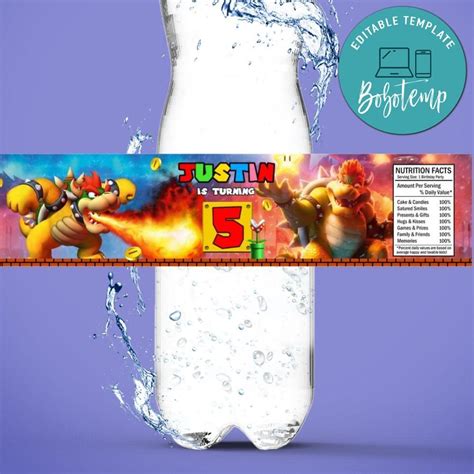 Bowser Birthday Water Bottle Label Template Bobotemp