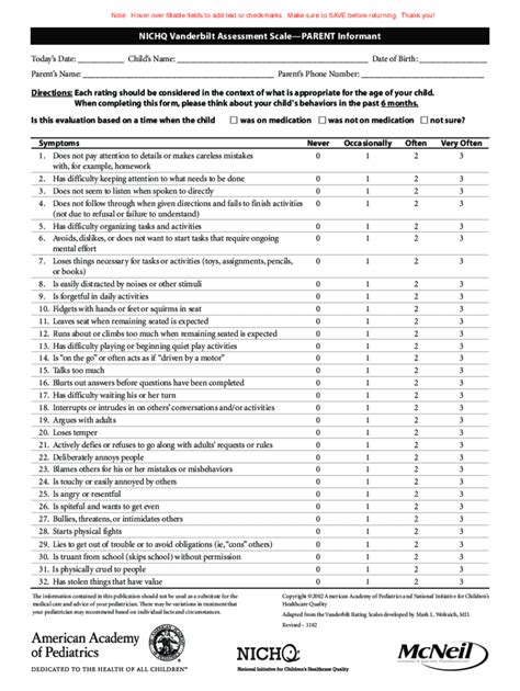 Fillable Online Vanderbilt Adhd Assessment Fill Online Printable