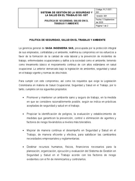 Plt Sst 001 Política De Seguridad Y Salud En El Trabajo Pdf Seguridad Y Salud Ocupacional