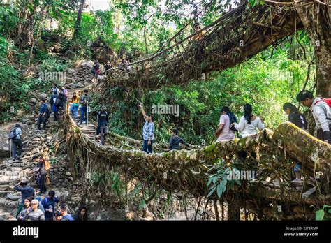 double decker root bridge crowded with tourist at morning from unique ...