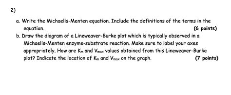 Solved 2) a. Write the Michaelis-Menten equation. Include | Chegg.com