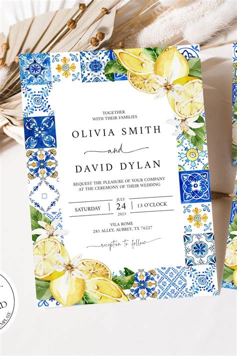 Positano Blue Tiles Lemon Wedding Invitation Set Mediterranean Wedding