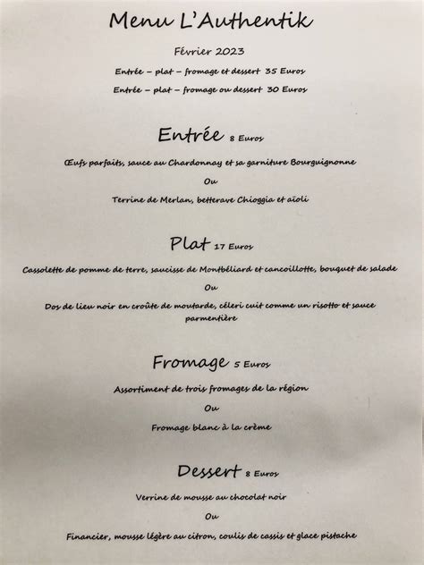 Menu Au Restaurant L Authentik Allerey Sur Sa Ne