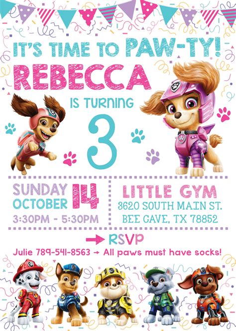 Girl Paw Patrol Mighty Pups Birthday Party Invitation With Or Without