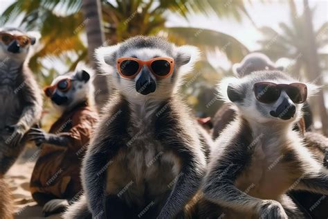 Premium Photo Group Of Lemurs Swinging From Palm Trees Wearing Stylish Sunglasses Beach Party