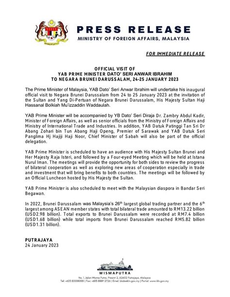 Wisma Putra On Twitter Press Release Official Visit Of Yab Prime