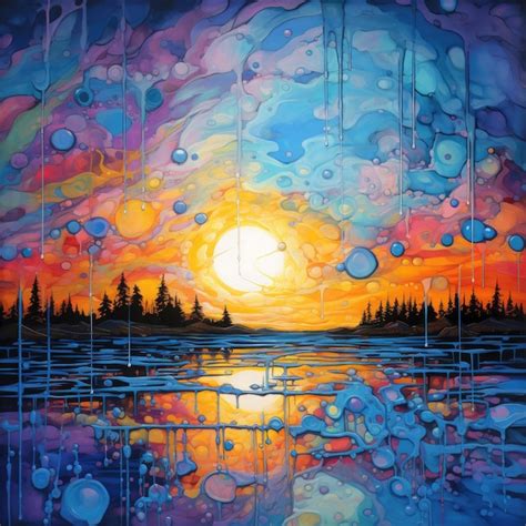 Premium AI Image | a painting of a sunset over a lake