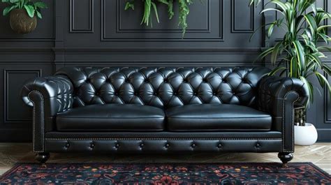 Premium Photo | A black leather couch is the focal point of a modern ...