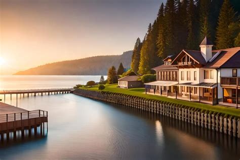 Premium Photo | A dock with a boat house on the water and a dock with a ...