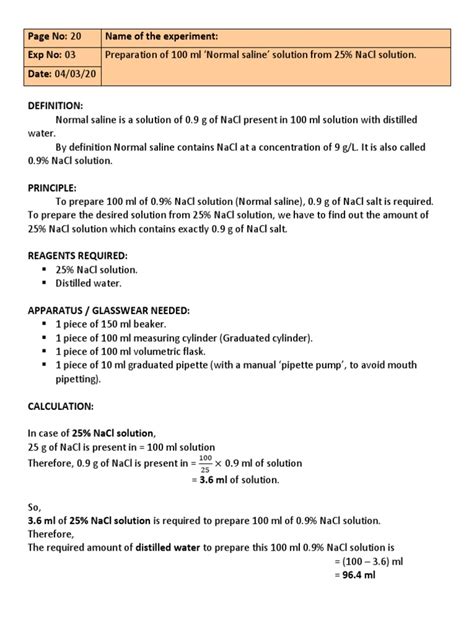 Preparation of 100 ML Normal Saline' Solution From 25% NaCl Solution ...