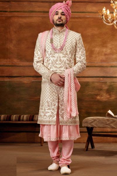 Buy Cream Art Silk Mens Sherwani NMK 6394 Online